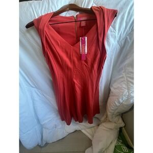 NWT Catherine Malandrino Coral‎ Pleated A Line Flared Knit Dress Size 8 V Neck